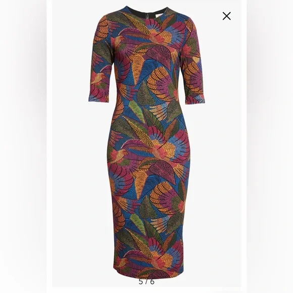 Farm Rio Dotted Macaws midi jersey dress size large floral bohemian sheath - Picture 2 of 11